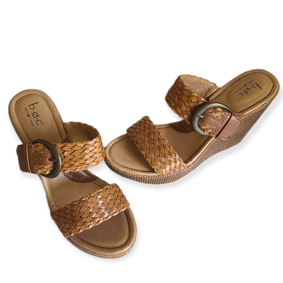 Born of Concept Wedge Sandals Faux Woven Leather w/ Buckle Size 8 M - Picture 4 of 9